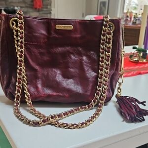 Rebecca Minkoff Wine Leather Shoulder Bag with Gold Chain